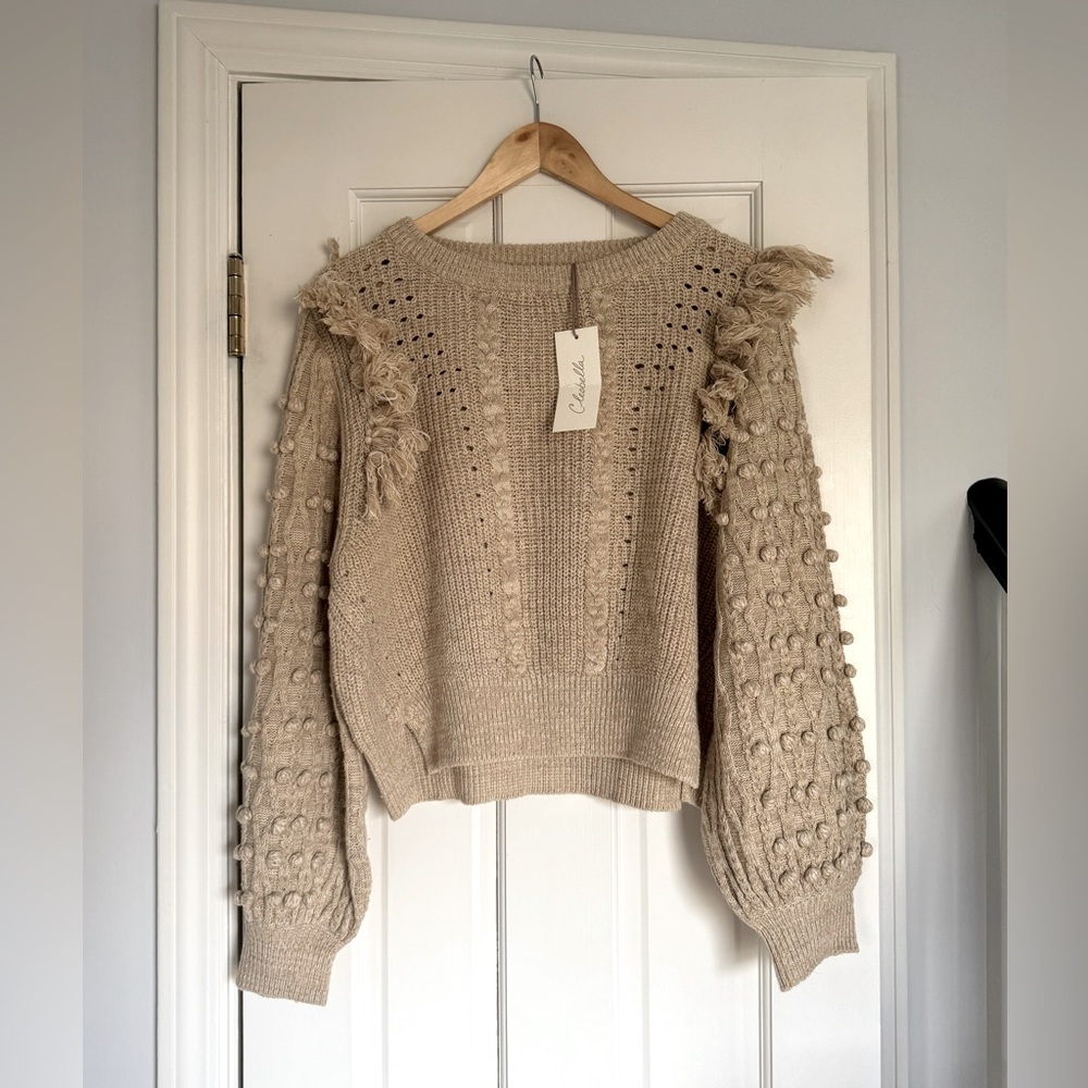 Cleobella Sweater Pom Fringe Cotton Blend Cream
